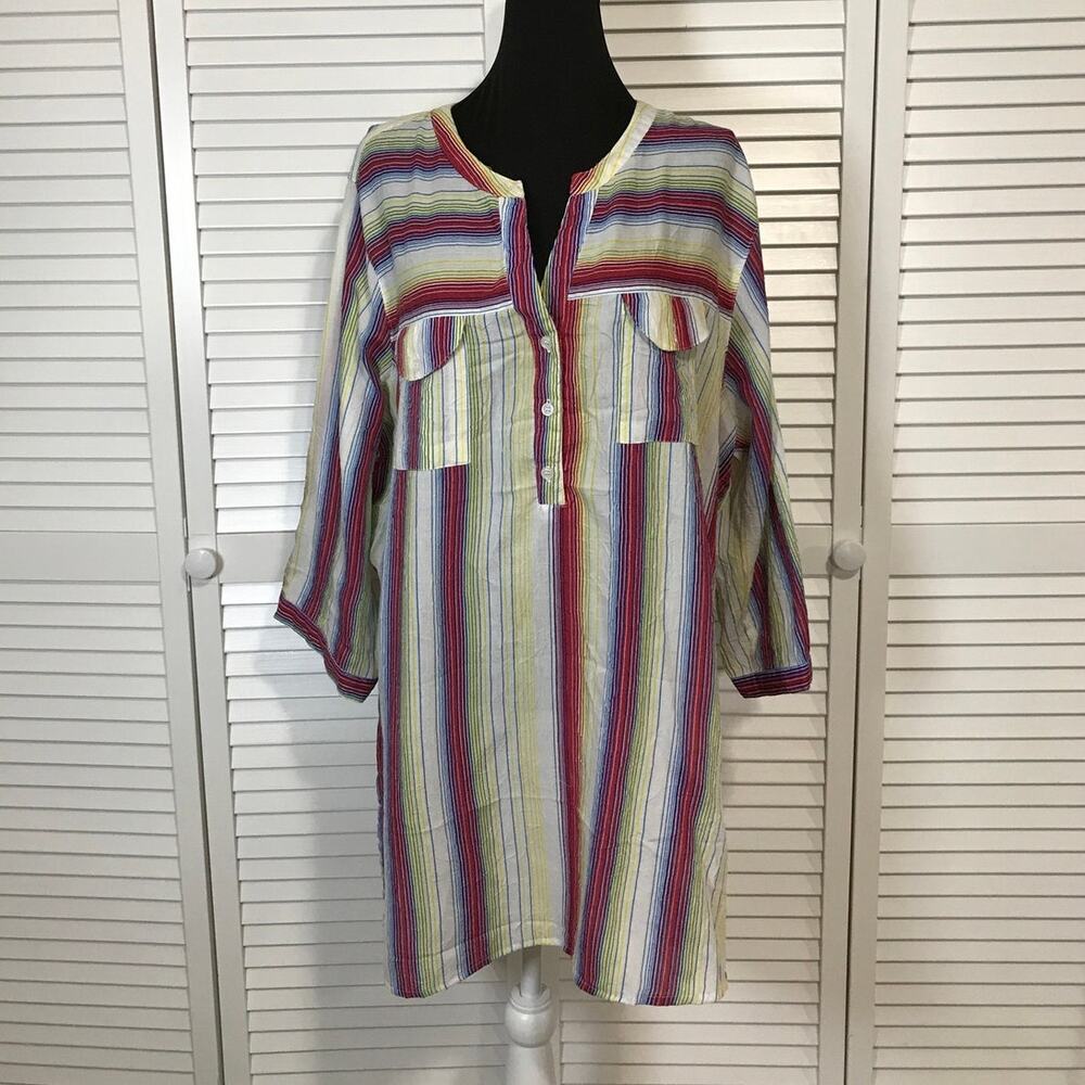 Lemon Grass Boho Chic Multicolored Striped V-neck Tunic Blouse Women 2X